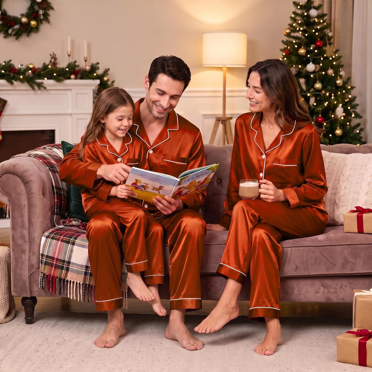 image:imageSWOMOG Family Matching Pajamas Set 2Piece Silk Satin Sleepwear LoungewearRusset Brown