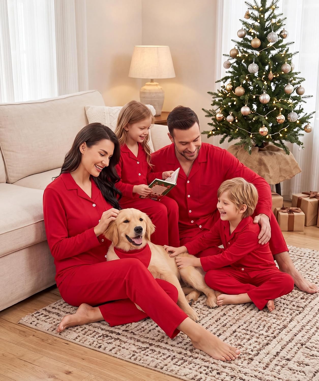 image:imageSWOMOG Matching Family Christmas Pajamas Set Long Sleeve Festival Party Pj Set ButtonDown Sleepwear Soft NightwearRed