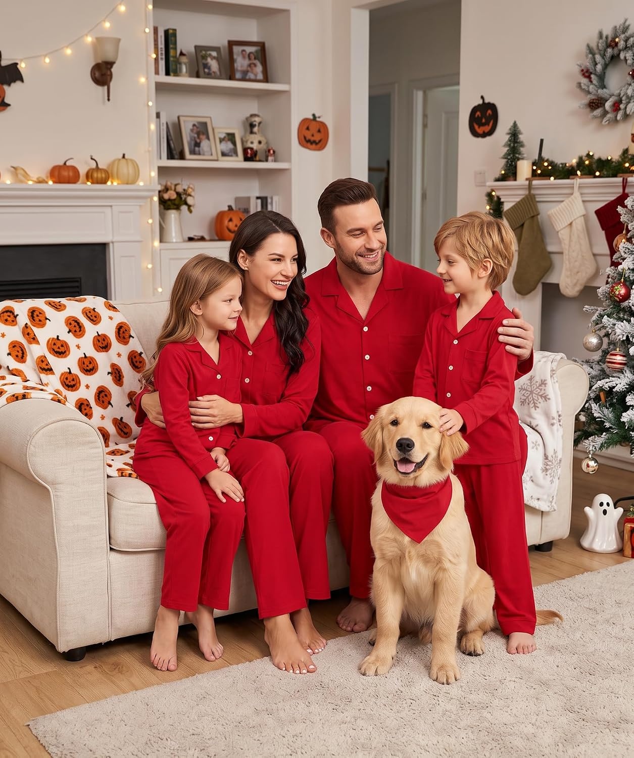 image:imageSWOMOG Matching Family Christmas Pajamas Set Long Sleeve Festival Party Pj Set ButtonDown Sleepwear Soft NightwearRed