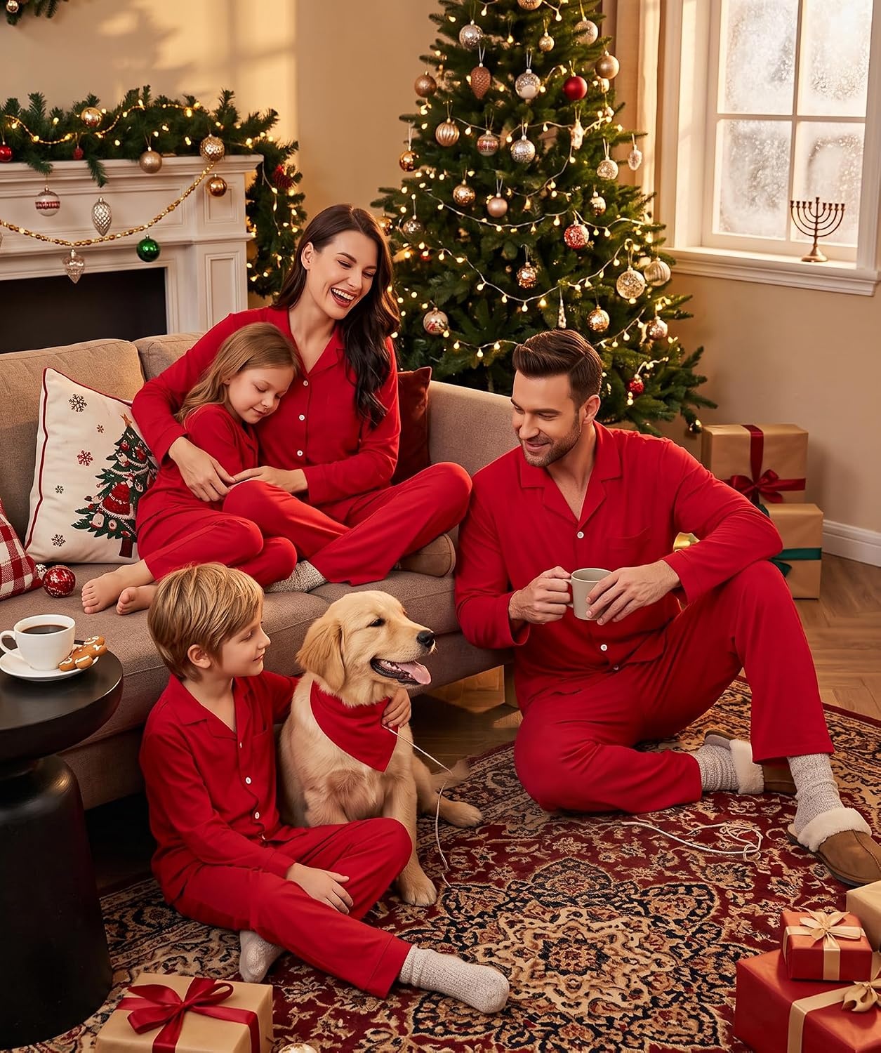 image:imageSWOMOG Matching Family Christmas Pajamas Set Long Sleeve Festival Party Pj Set ButtonDown Sleepwear Soft NightwearRed
