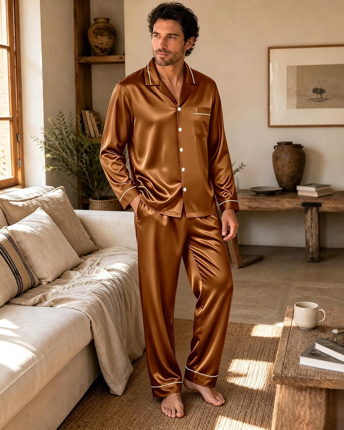 image:imageSWOMOG Mens Pajamas Set Silk Satin LongSleeve Pjs 2Piece Soft SleepwearBrown Red