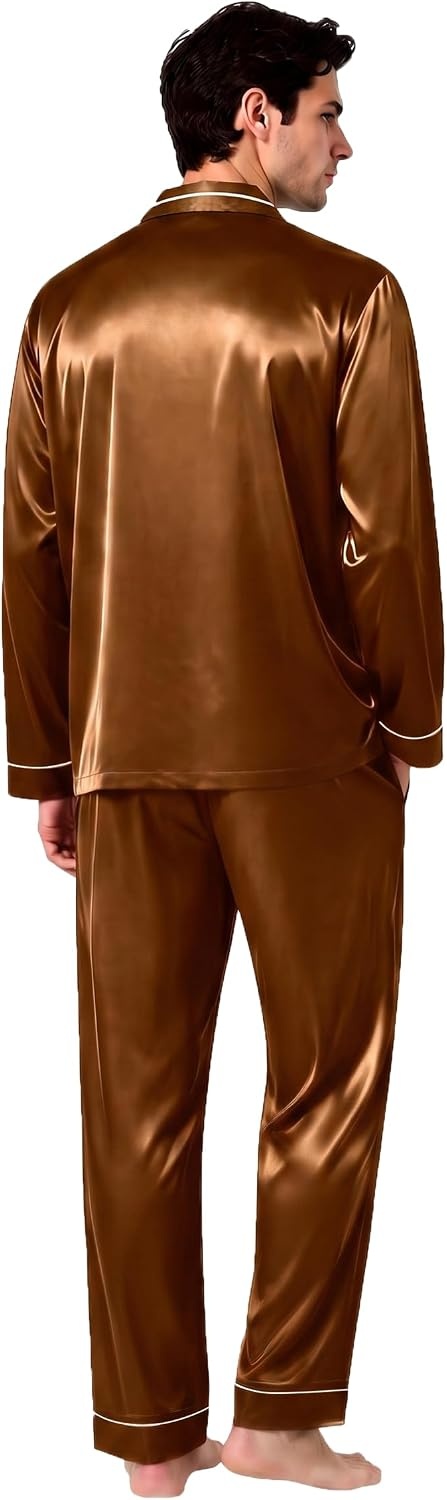 image:imageSWOMOG Mens Pajamas Set Silk Satin LongSleeve Pjs 2Piece Soft SleepwearBrown Red