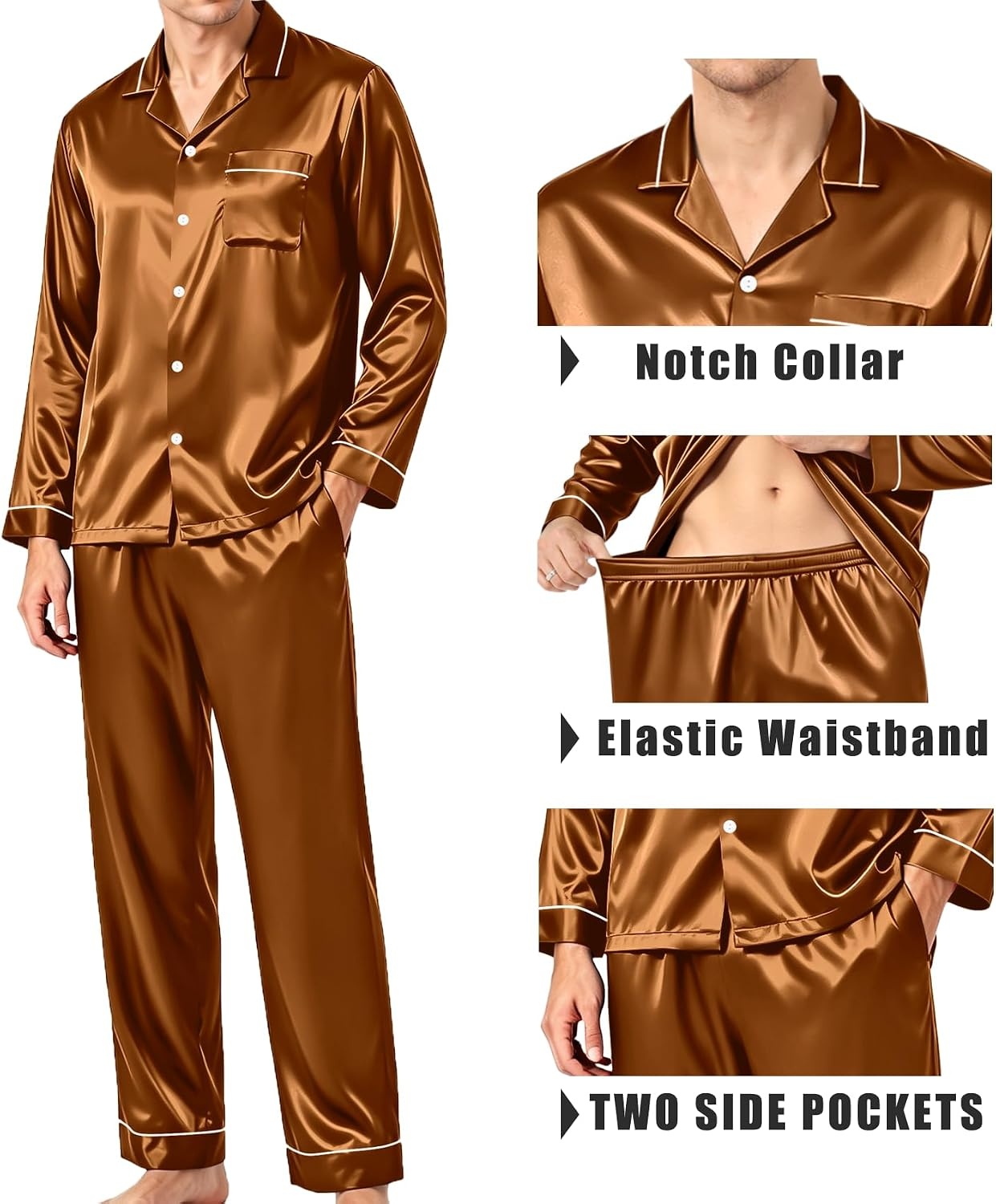 image:imageSWOMOG Mens Pajamas Set Silk Satin LongSleeve Pjs 2Piece Soft SleepwearBrown Red