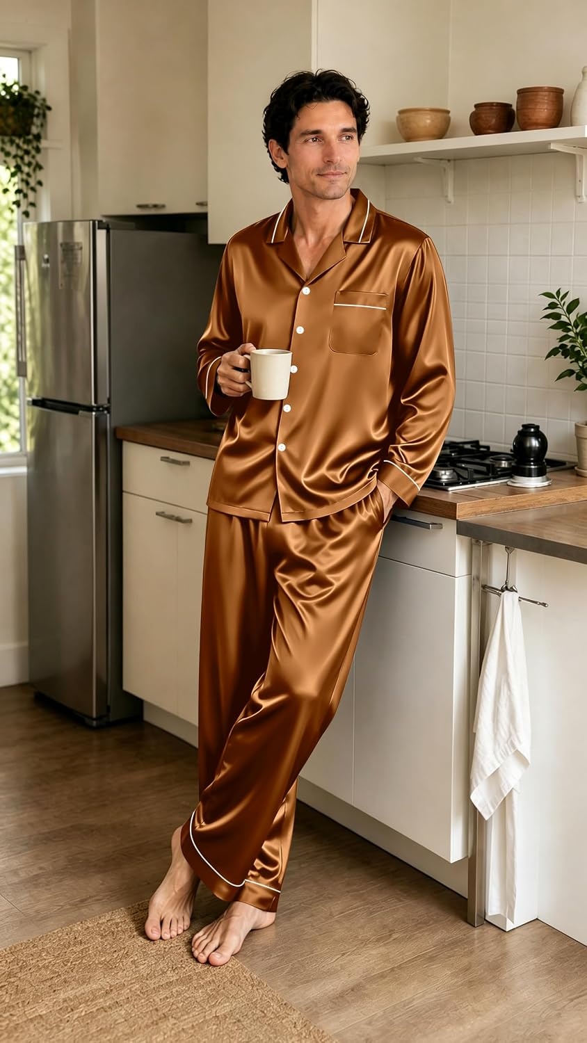 image:imageSWOMOG Mens Pajamas Set Silk Satin LongSleeve Pjs 2Piece Soft SleepwearBrown Red