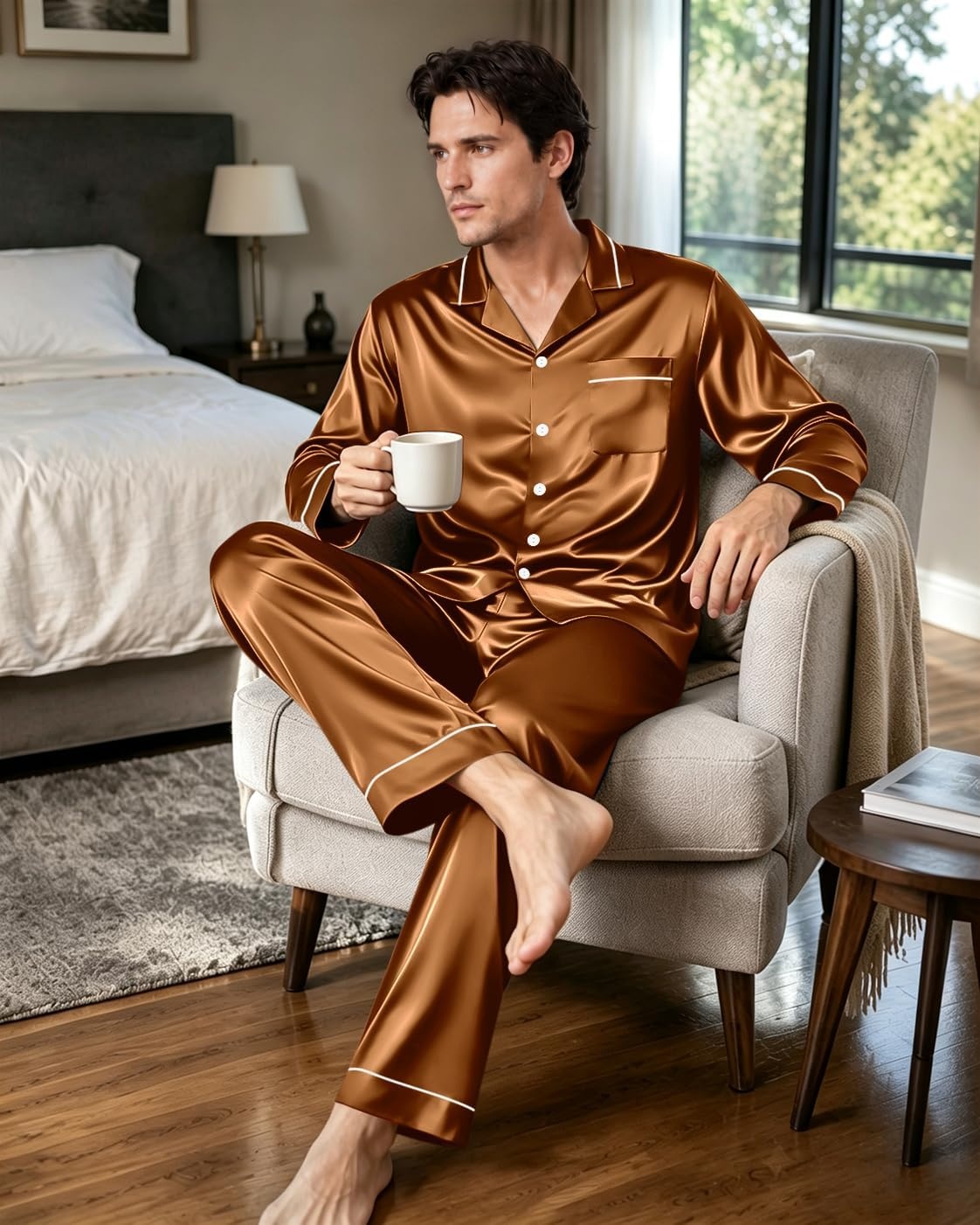 image:imageSWOMOG Mens Pajamas Set Silk Satin LongSleeve Pjs 2Piece Soft SleepwearBrown Red