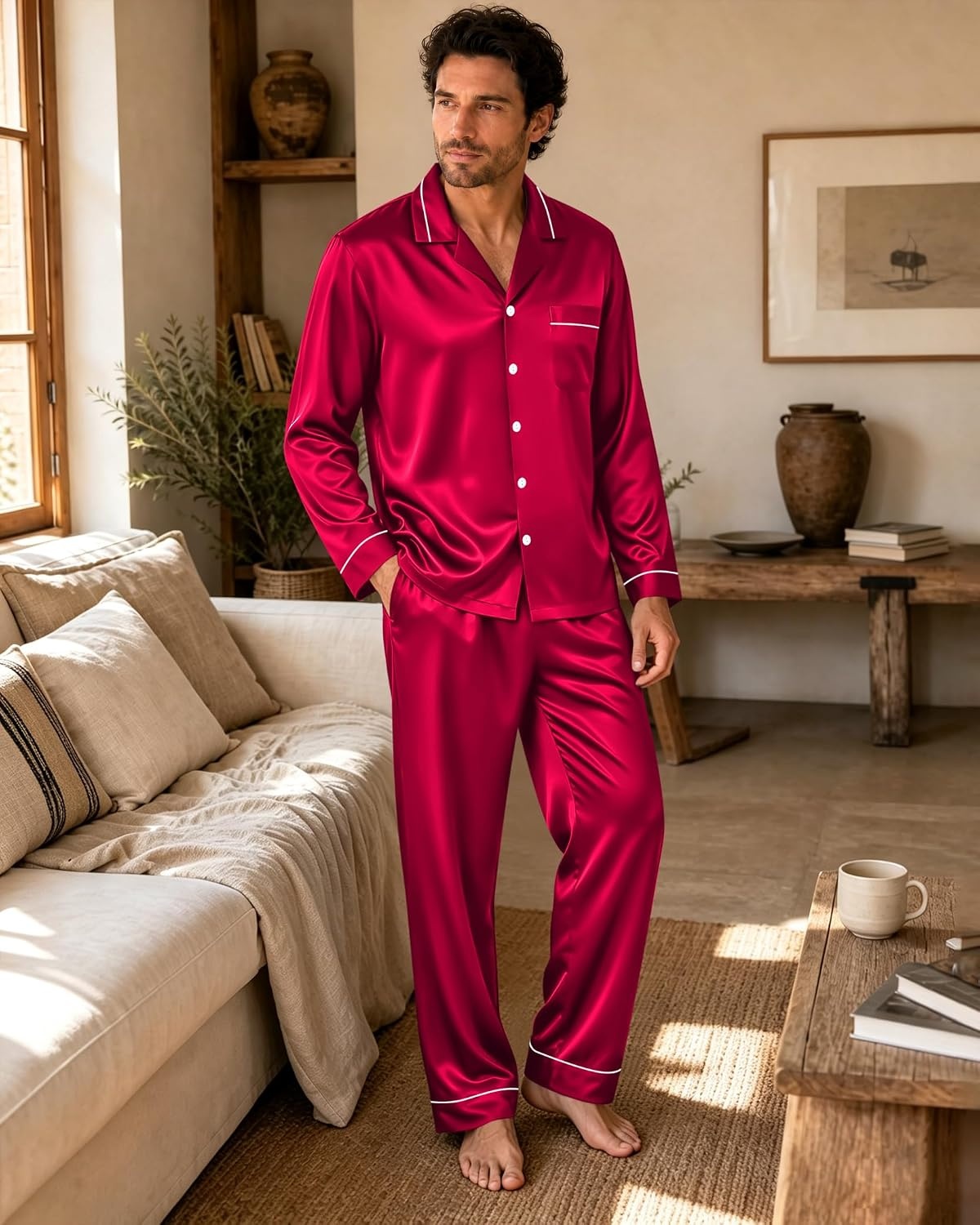 image:imageSWOMOG Mens Pajamas Set Silk Satin LongSleeve Pjs 2Piece Soft SleepwearBurgundy