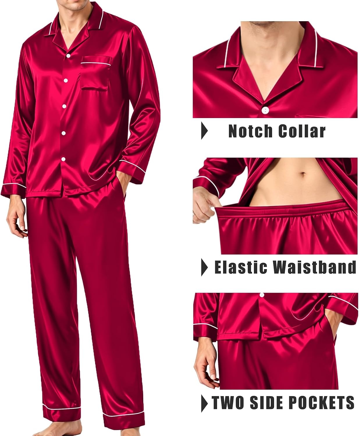 image:imageSWOMOG Mens Pajamas Set Silk Satin LongSleeve Pjs 2Piece Soft SleepwearBurgundy