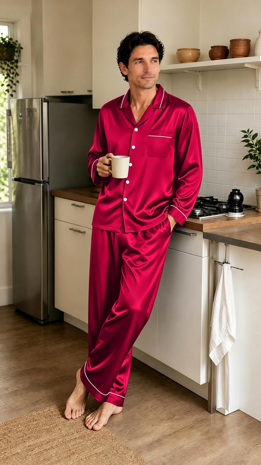 image:imageSWOMOG Mens Pajamas Set Silk Satin LongSleeve Pjs 2Piece Soft SleepwearBurgundy