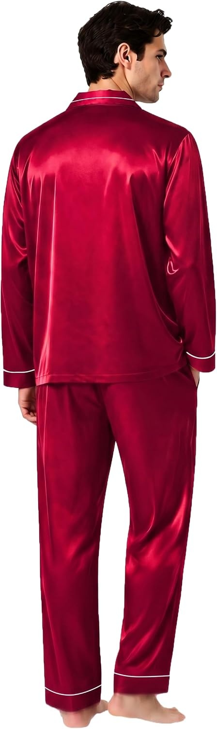 image:imageSWOMOG Mens Pajamas Set Silk Satin LongSleeve Pjs 2Piece Soft SleepwearBurgundy