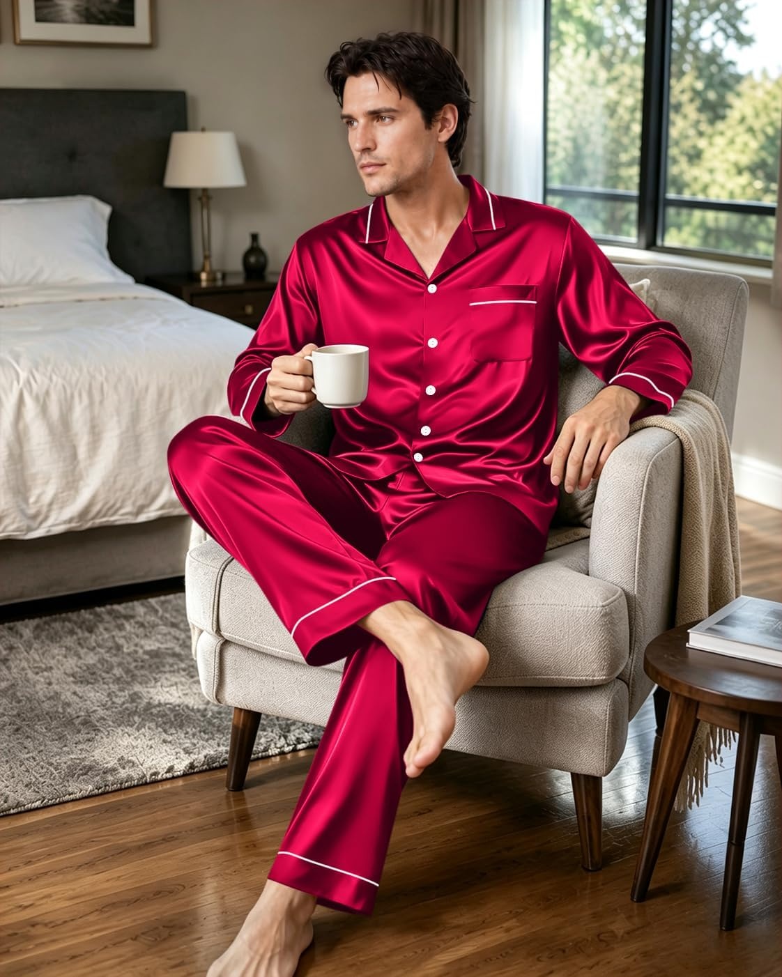 image:imageSWOMOG Mens Pajamas Set Silk Satin LongSleeve Pjs 2Piece Soft SleepwearBurgundy