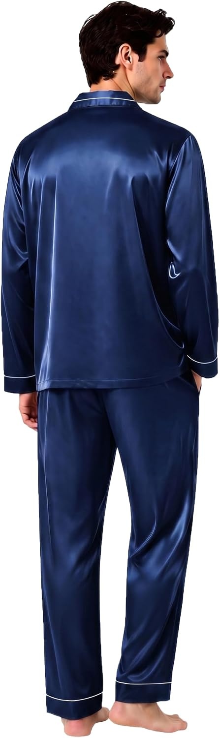 image:imageSWOMOG Mens Pajamas Set Silk Satin LongSleeve Pjs 2Piece Soft SleepwearNavy Blue