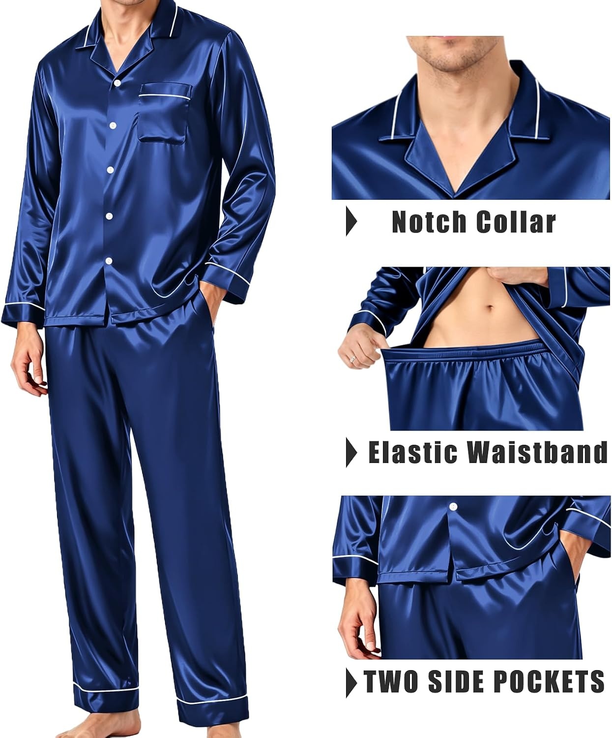 image:imageSWOMOG Mens Pajamas Set Silk Satin LongSleeve Pjs 2Piece Soft SleepwearNavy Blue