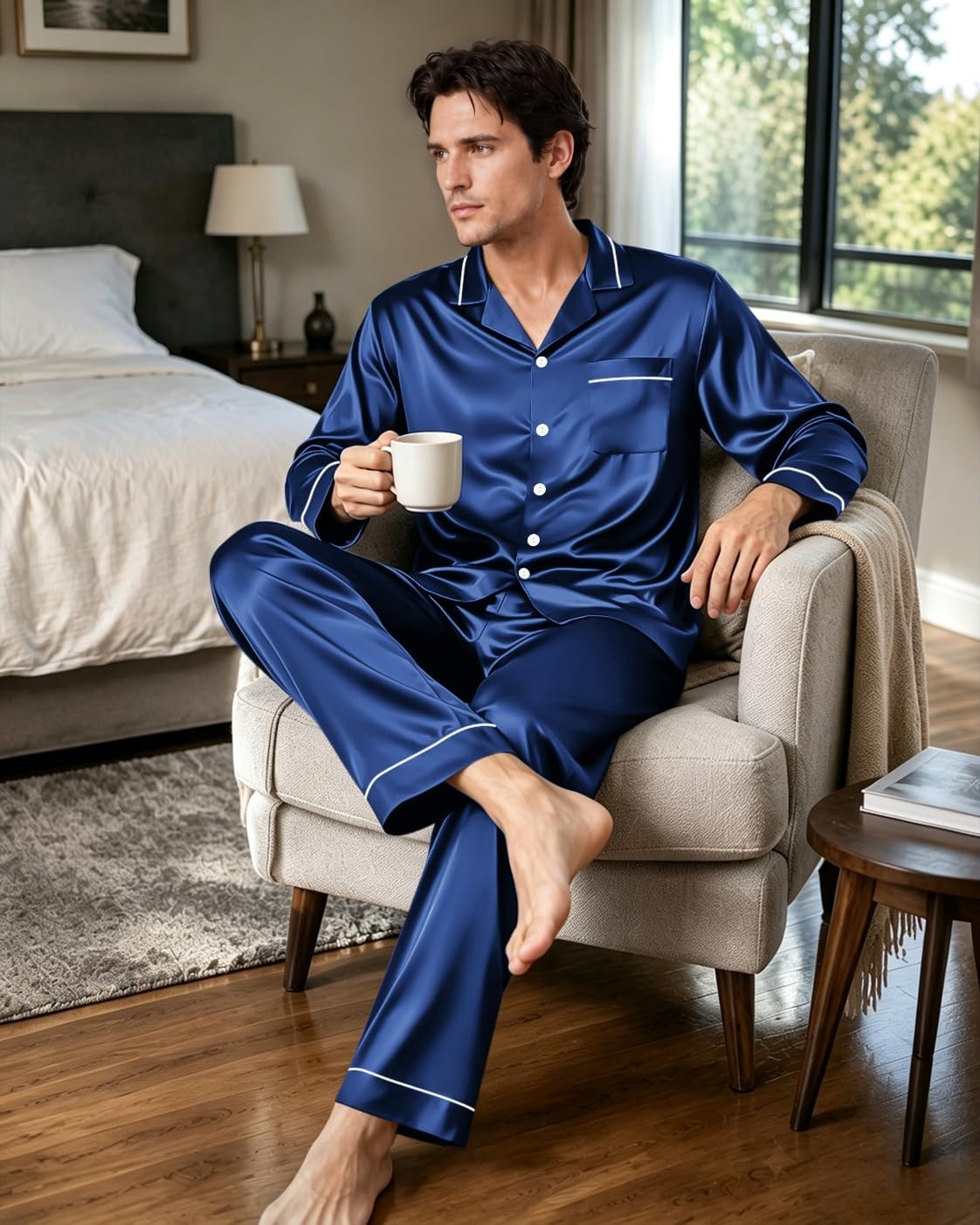 image:imageSWOMOG Mens Pajamas Set Silk Satin LongSleeve Pjs 2Piece Soft SleepwearNavy Blue