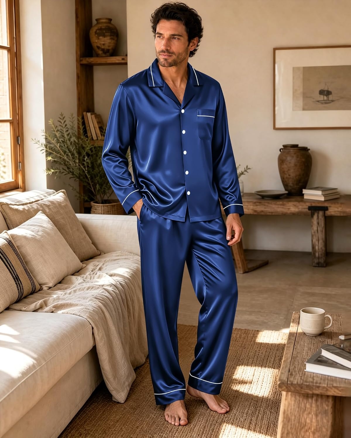 image:imageSWOMOG Mens Pajamas Set Silk Satin LongSleeve Pjs 2Piece Soft SleepwearNavy Blue