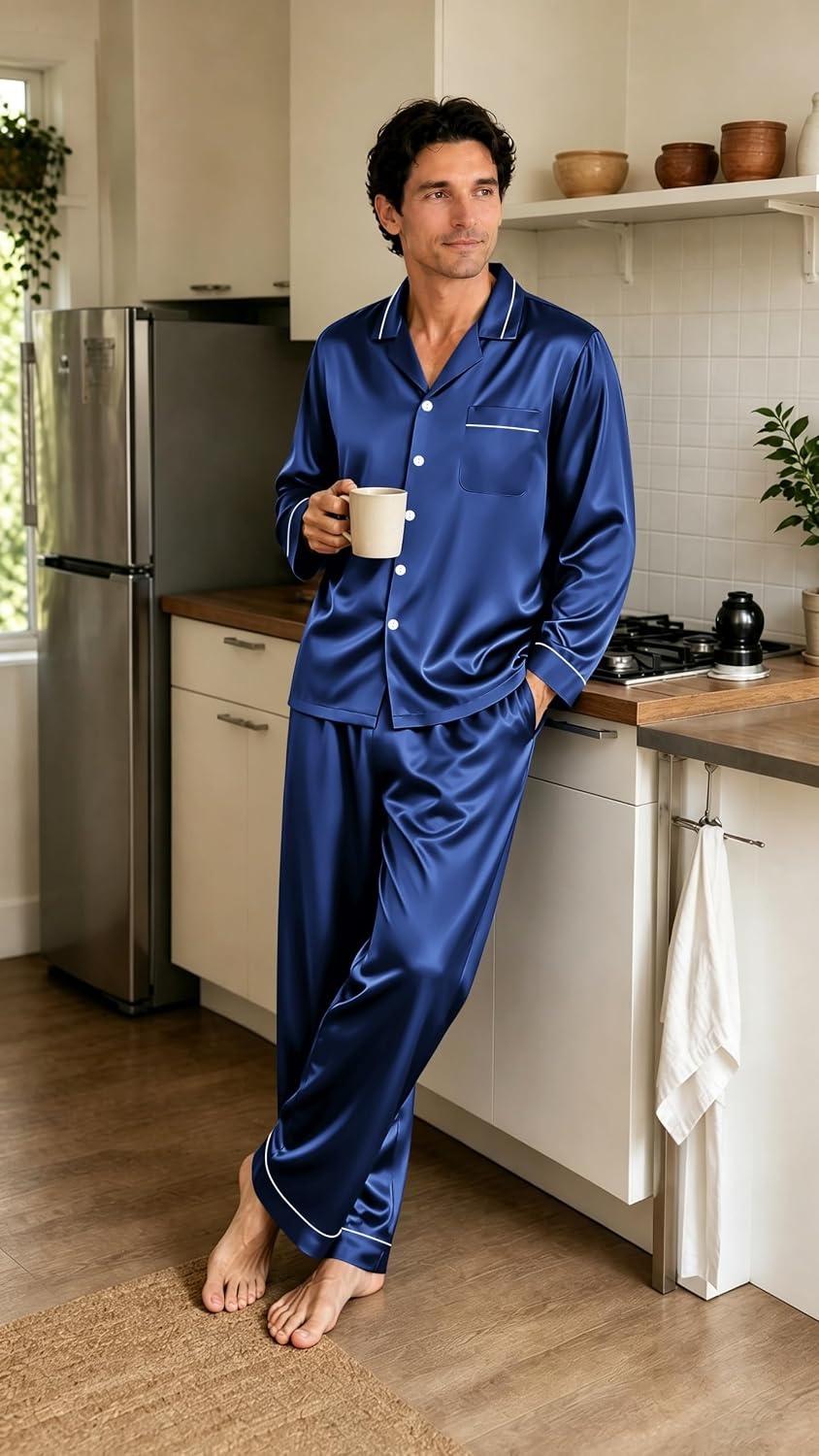 image:imageSWOMOG Mens Pajamas Set Silk Satin LongSleeve Pjs 2Piece Soft SleepwearNavy Blue