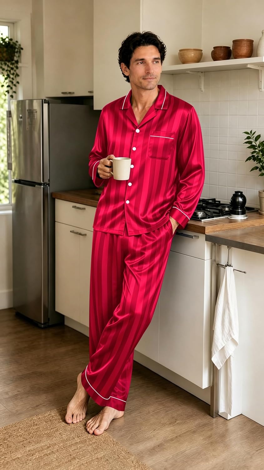 image:imageSWOMOG Mens Pajamas Set Silk Satin LongSleeve Pjs 2Piece Soft SleepwearRed Stripes