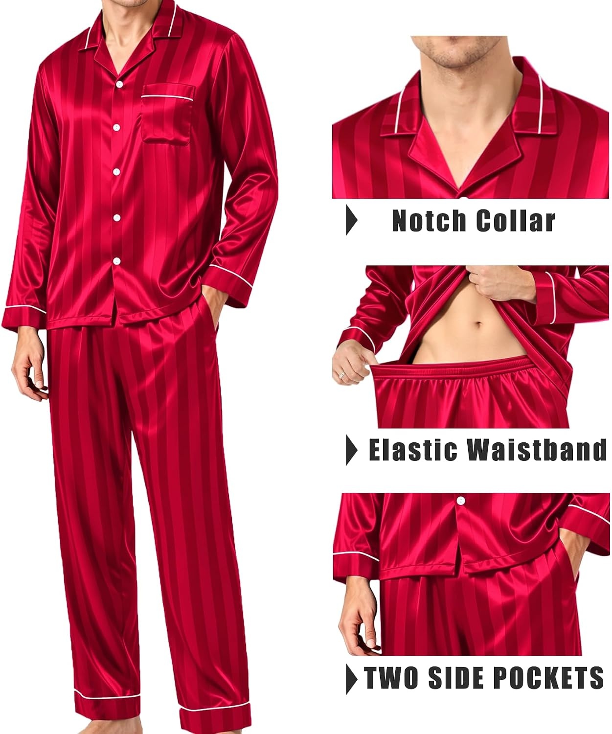 image:imageSWOMOG Mens Pajamas Set Silk Satin LongSleeve Pjs 2Piece Soft SleepwearRed Stripes