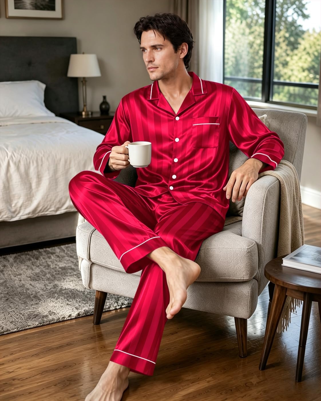 image:imageSWOMOG Mens Pajamas Set Silk Satin LongSleeve Pjs 2Piece Soft SleepwearRed Stripes