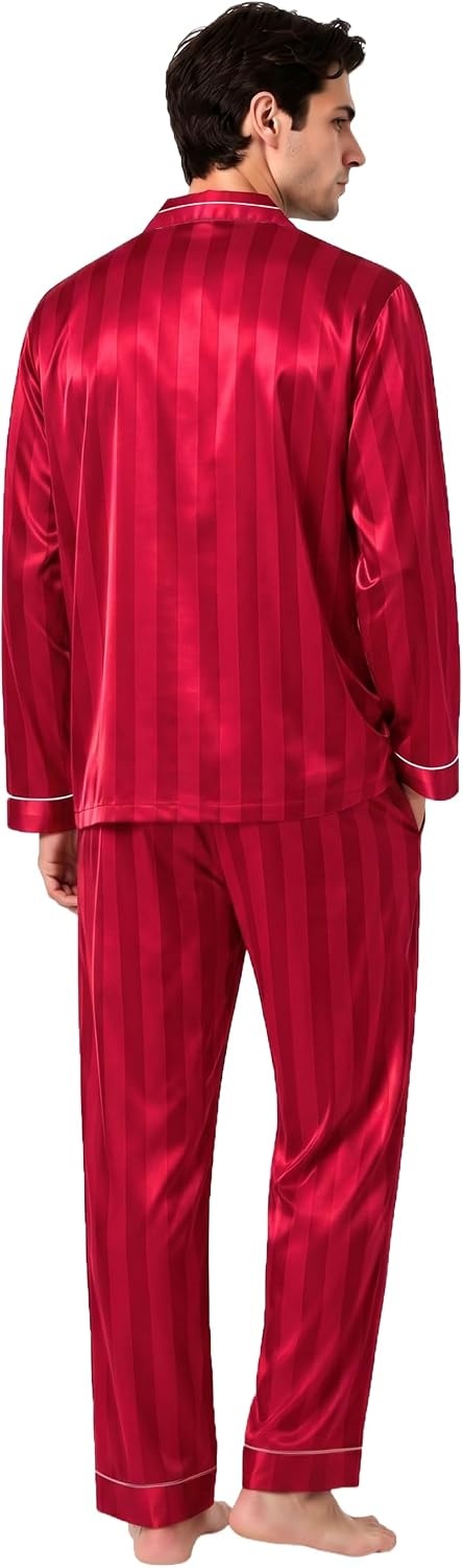 image:imageSWOMOG Mens Pajamas Set Silk Satin LongSleeve Pjs 2Piece Soft SleepwearRed Stripes