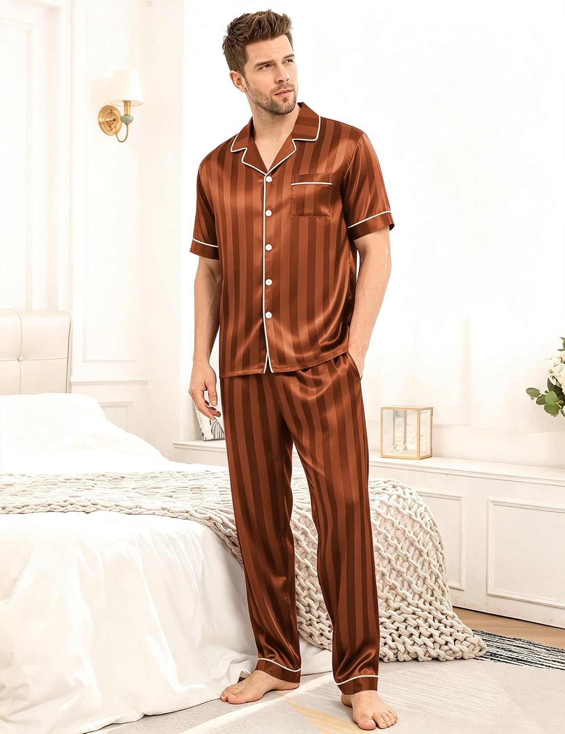 image:imageSWOMOG Mens Satin Pajama Set Short Sleeve Classic Sleepwear Button Down Silky Loungewear with Long PantsBrown Stripes