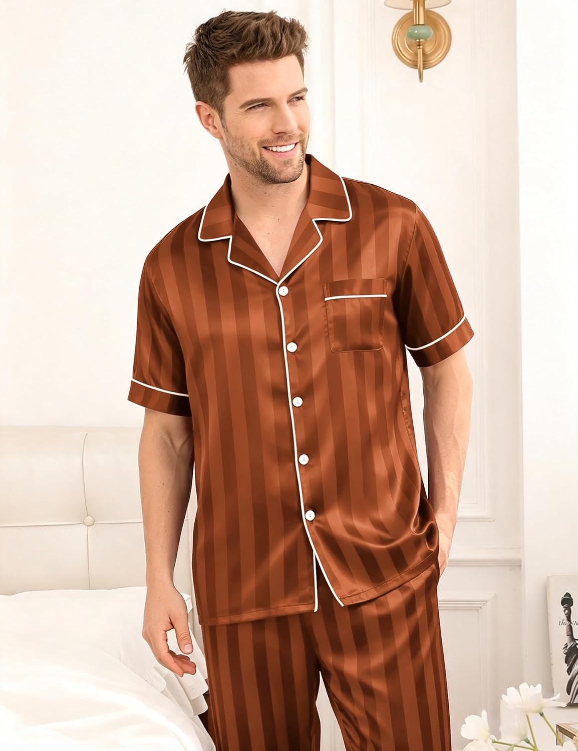 image:imageSWOMOG Mens Satin Pajama Set Short Sleeve Classic Sleepwear Button Down Silky Loungewear with Long PantsBrown Stripes