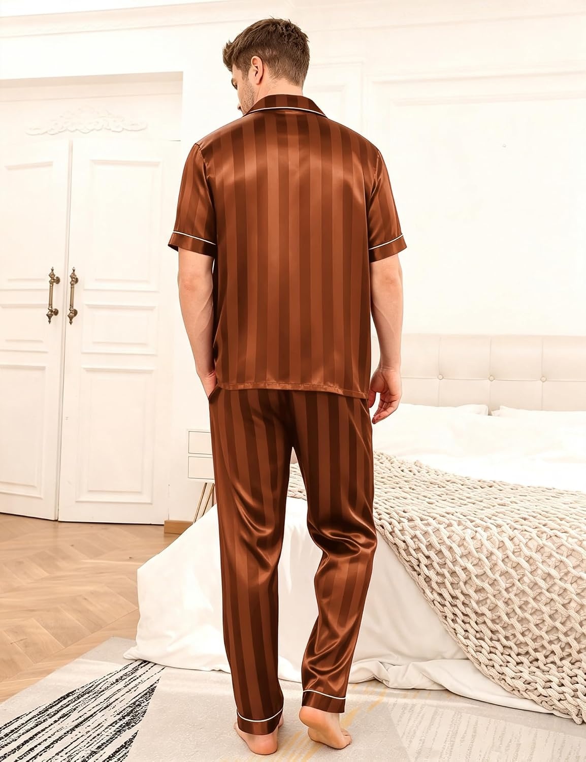 image:imageSWOMOG Mens Satin Pajama Set Short Sleeve Classic Sleepwear Button Down Silky Loungewear with Long PantsBrown Stripes