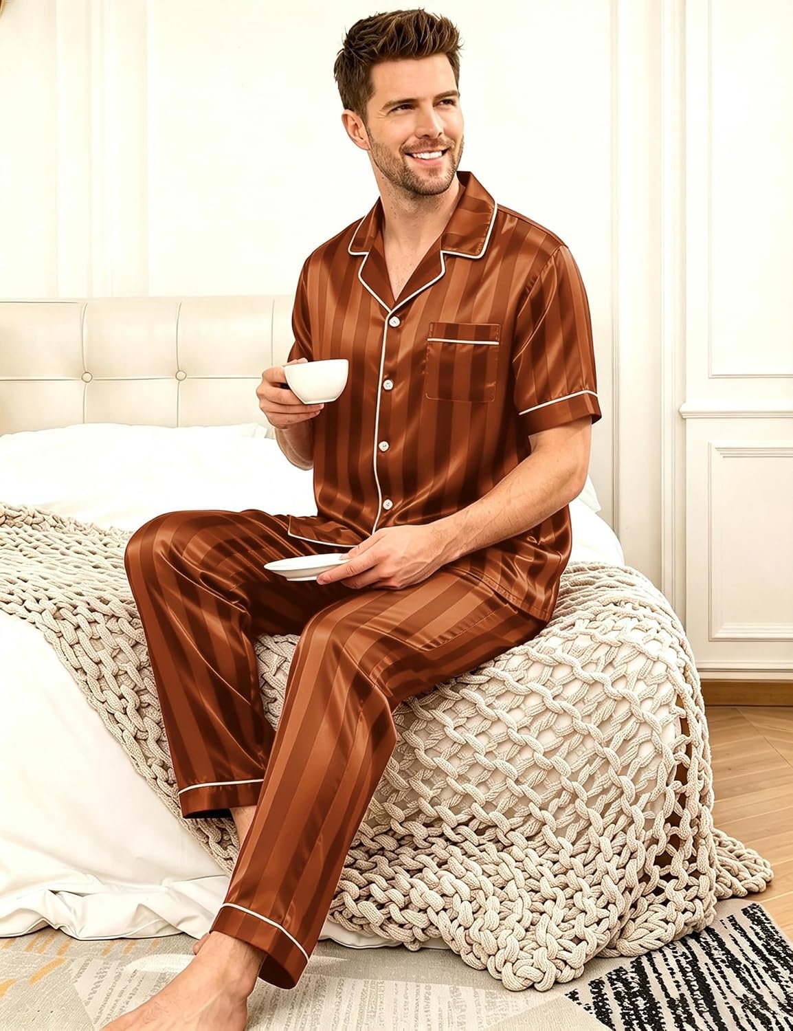 image:imageSWOMOG Mens Satin Pajama Set Short Sleeve Classic Sleepwear Button Down Silky Loungewear with Long PantsBrown Stripes