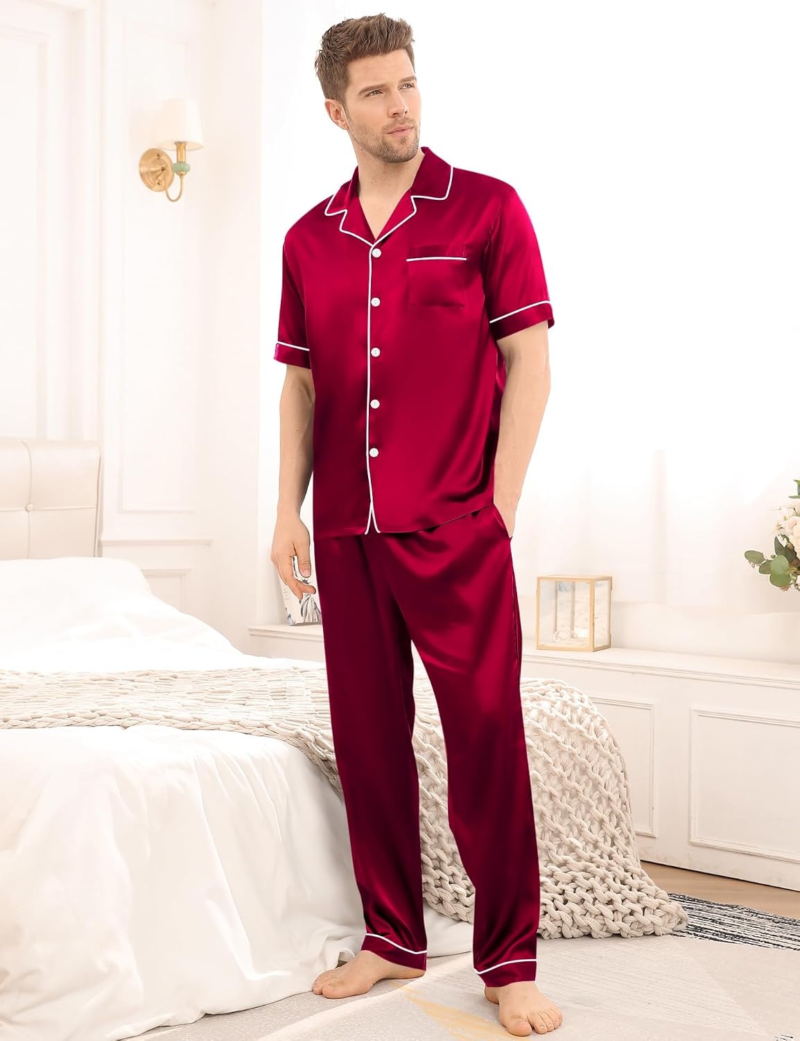 image:imageSWOMOG Mens Satin Pajama Set Short Sleeve Classic Sleepwear Button Down Silky Loungewear with Long PantsBurgundy