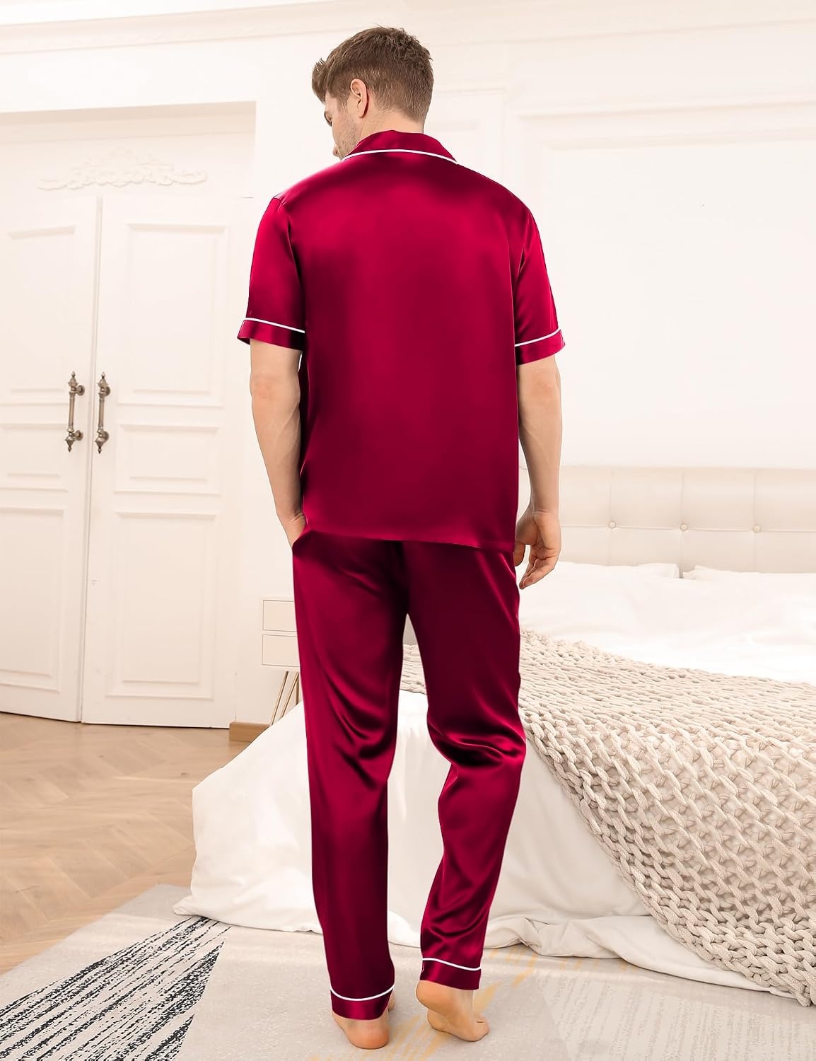 image:imageSWOMOG Mens Satin Pajama Set Short Sleeve Classic Sleepwear Button Down Silky Loungewear with Long PantsBurgundy