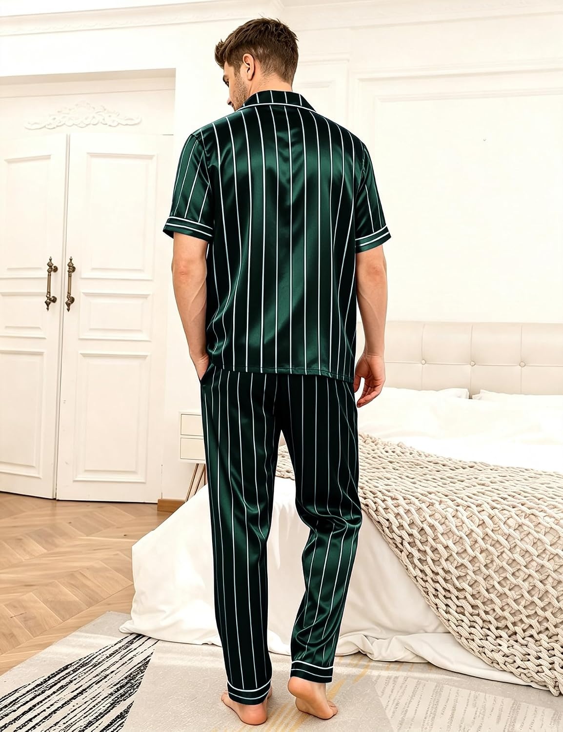 image:imageSWOMOG Mens Satin Pajama Set Short Sleeve Classic Sleepwear Button Down Silky Loungewear with Long PantsStriped in Deep Green