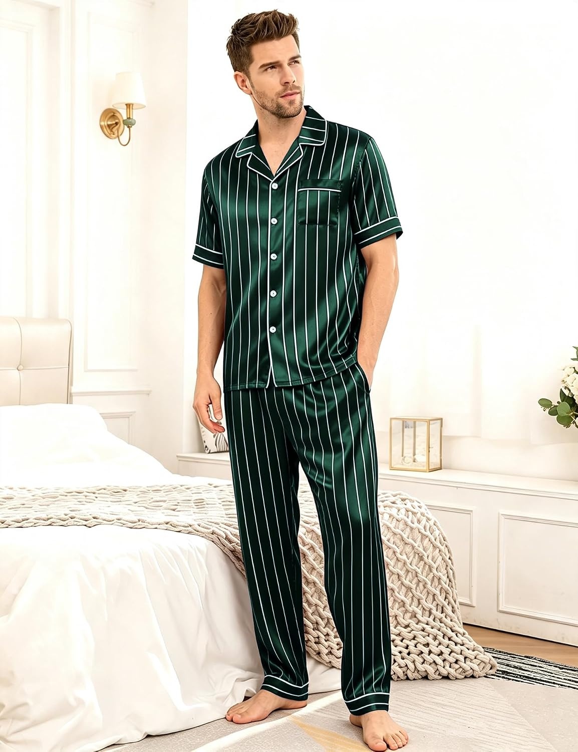 image:imageSWOMOG Mens Satin Pajama Set Short Sleeve Classic Sleepwear Button Down Silky Loungewear with Long PantsStriped in Deep Green