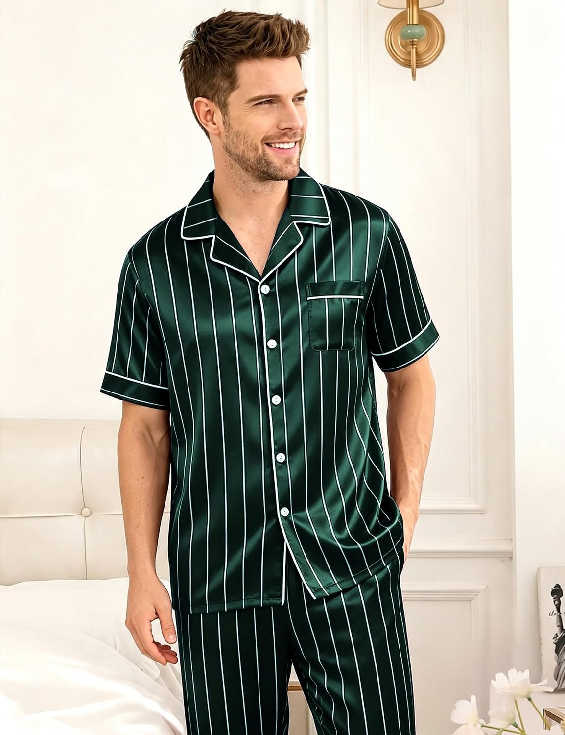 image:imageSWOMOG Mens Satin Pajama Set Short Sleeve Classic Sleepwear Button Down Silky Loungewear with Long PantsStriped in Deep Green