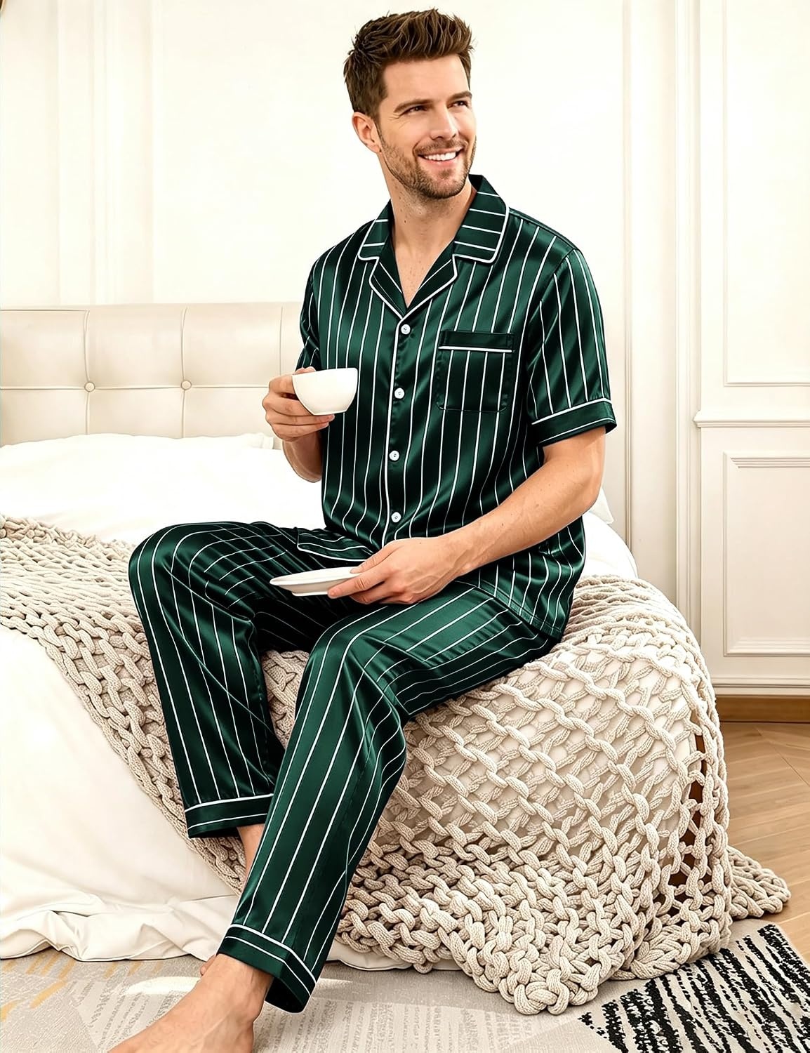 image:imageSWOMOG Mens Satin Pajama Set Short Sleeve Classic Sleepwear Button Down Silky Loungewear with Long PantsStriped in Deep Green