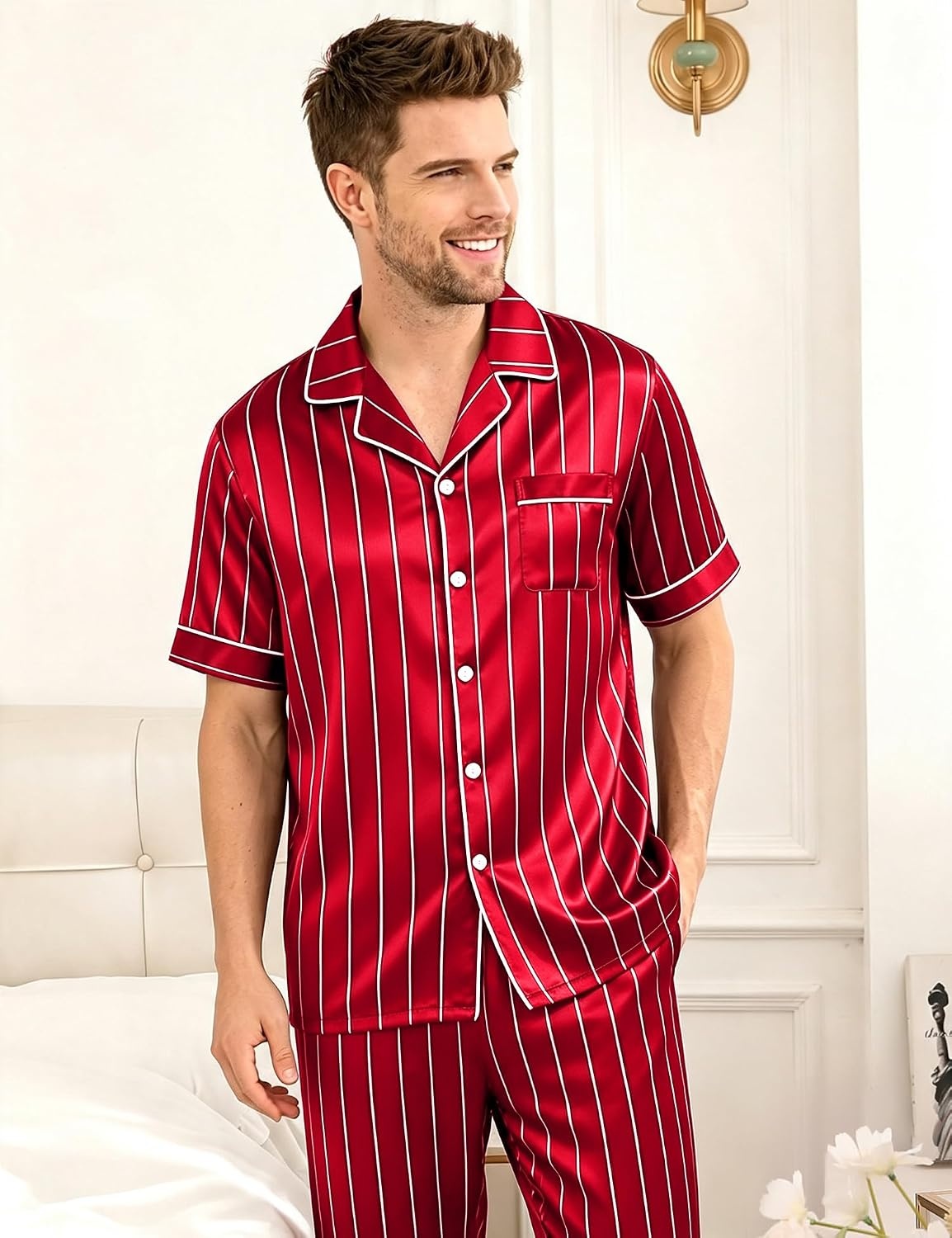 image:imageSWOMOG Mens Satin Pajama Set Short Sleeve Classic Sleepwear Button Down Silky Loungewear with Long PantsStriped in Red