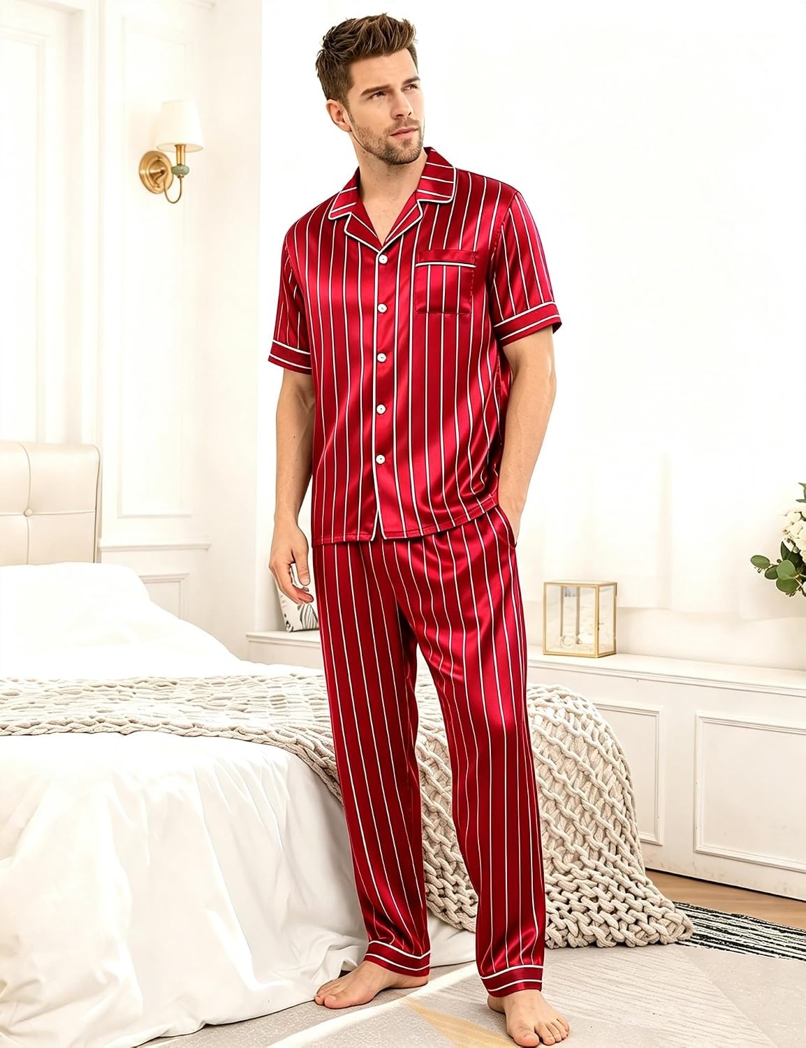 image:imageSWOMOG Mens Satin Pajama Set Short Sleeve Classic Sleepwear Button Down Silky Loungewear with Long PantsStriped in Red