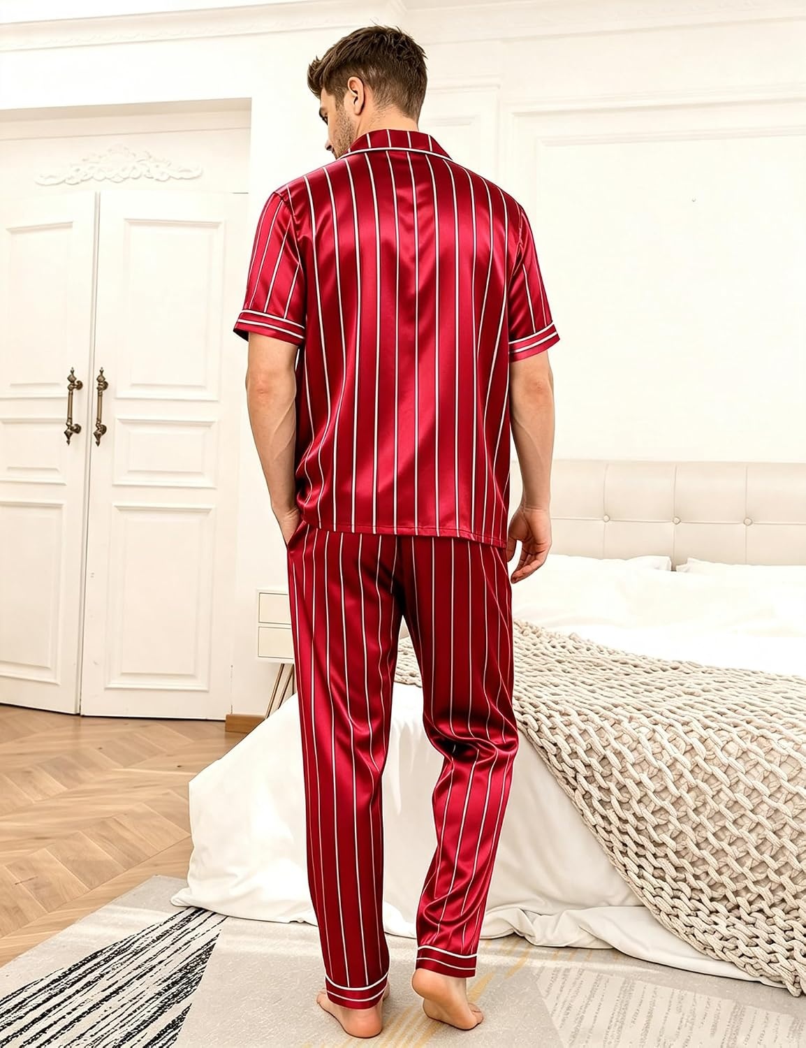 image:imageSWOMOG Mens Satin Pajama Set Short Sleeve Classic Sleepwear Button Down Silky Loungewear with Long PantsStriped in Red