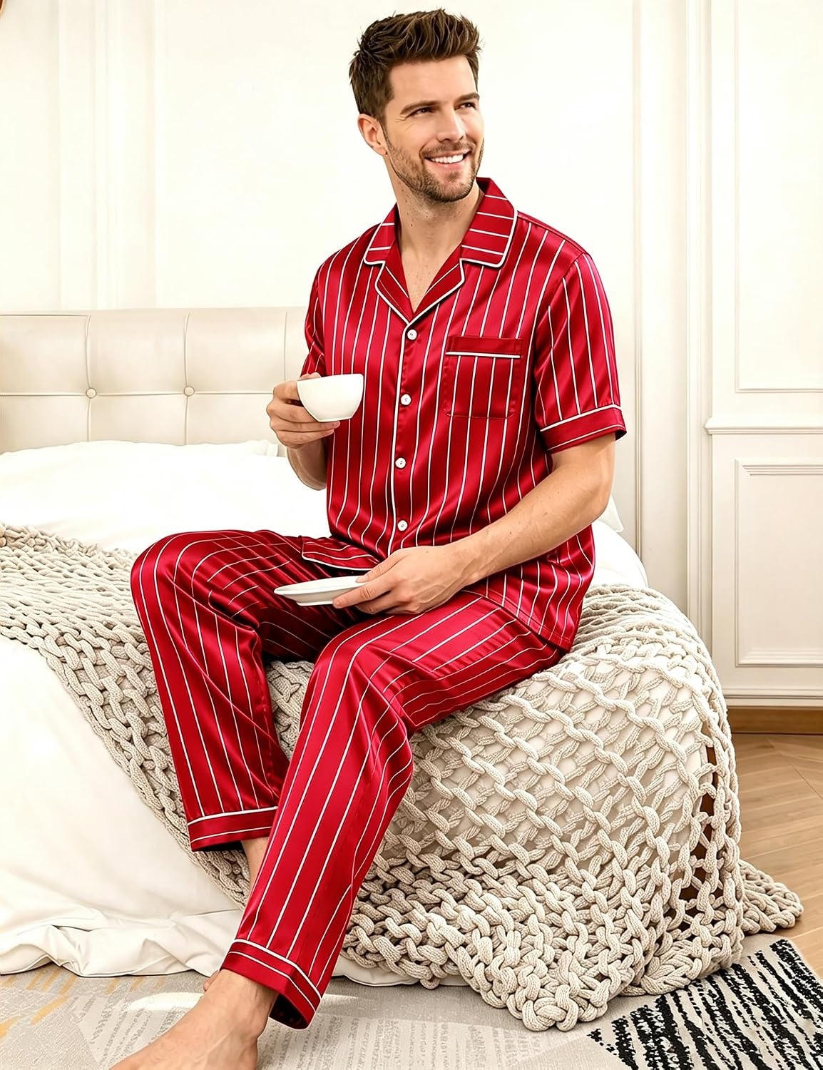 image:imageSWOMOG Mens Satin Pajama Set Short Sleeve Classic Sleepwear Button Down Silky Loungewear with Long PantsStriped in Red