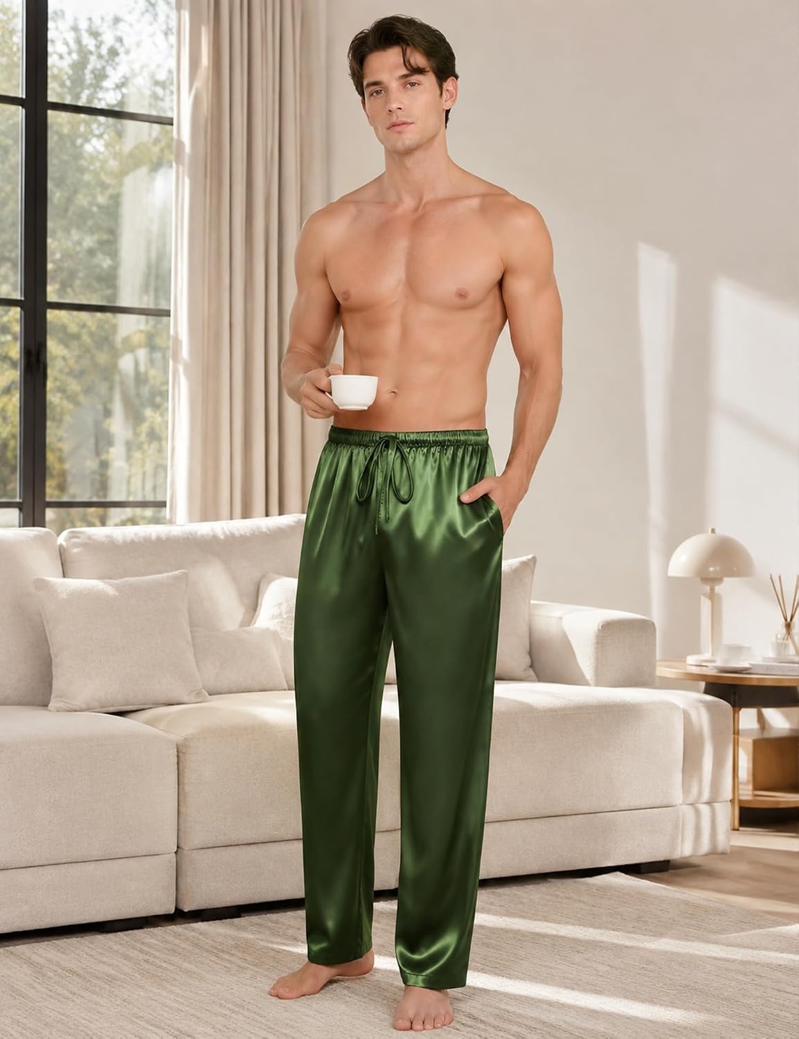 image:imageSWOMOG Mens Satin Silk Pajama Pant Long Pj Bottoms Soft Lounge Sleep Pants with Pockets amp DrawstringOlive Green