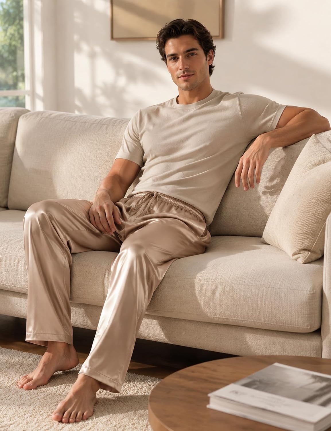 image:imageSWOMOG Mens Satin Silk Pajama Pant Long Pj Bottoms Soft Lounge Sleep Pants with Pockets amp DrawstringOpaue Couche