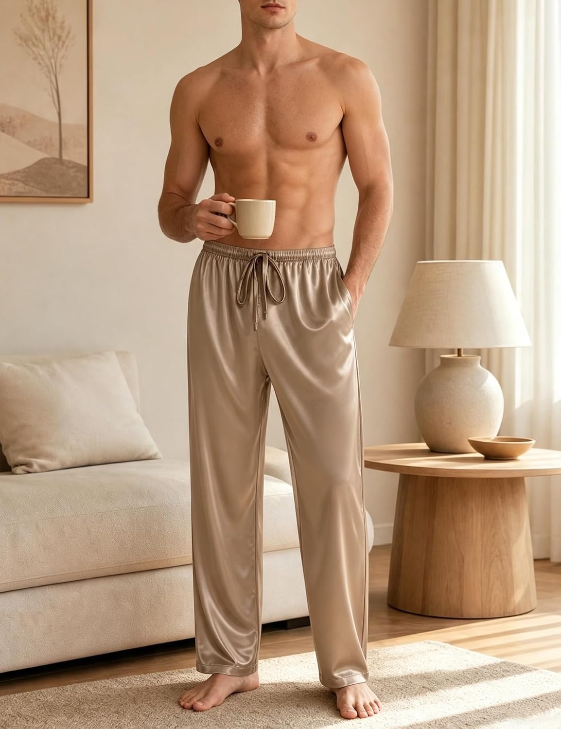 image:imageSWOMOG Mens Satin Silk Pajama Pant Long Pj Bottoms Soft Lounge Sleep Pants with Pockets amp DrawstringOpaue Couche
