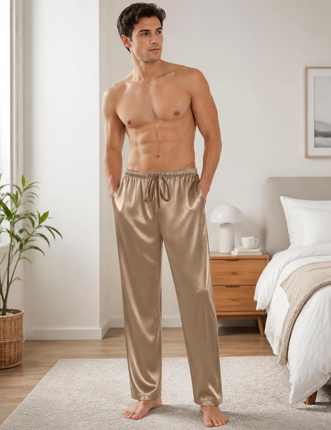 image:imageSWOMOG Mens Satin Silk Pajama Pant Long Pj Bottoms Soft Lounge Sleep Pants with Pockets amp DrawstringOpaue Couche