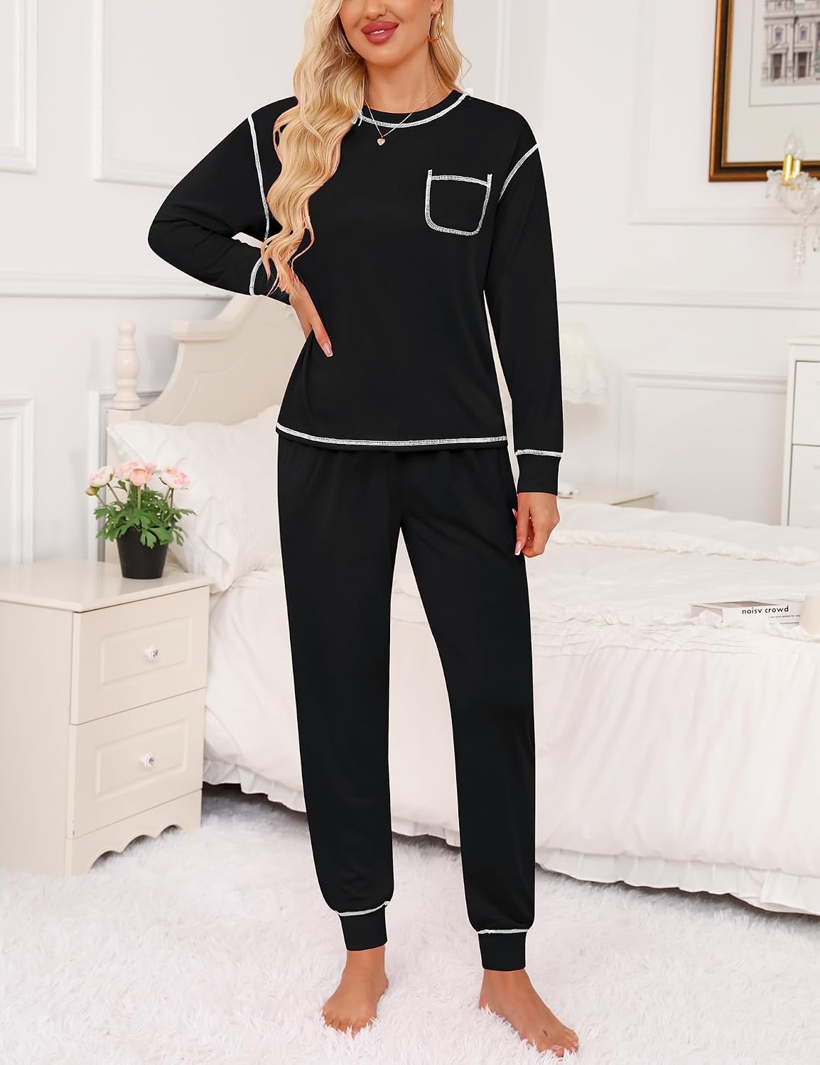 image:imageSWOMOG Pajamas Womens Long Sleeve Sleepwear with Long Pants Soft Loungewear Pj Set SXXLCarbon Black