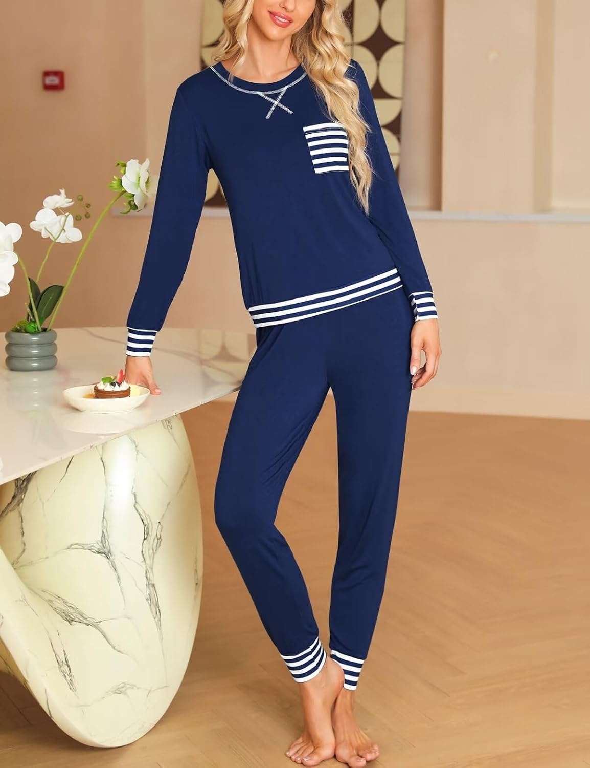 image:imageSWOMOG Pajamas Womens Long Sleeve Sleepwear with Long Pants Soft Loungewear Pj Set SXXLNavy Blue