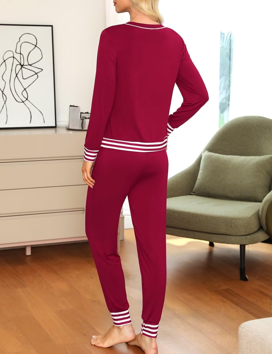 image:imageSWOMOG Pajamas Womens Long Sleeve Sleepwear with Long Pants Soft Loungewear Pj Set SXXLWine Red