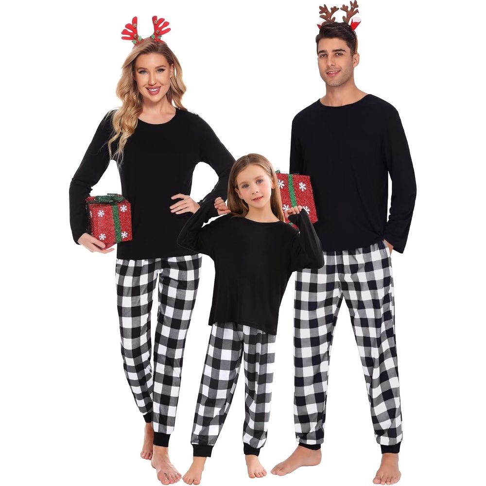 image:imageSWOMOG Family Christmas Matching Pajamas Set Long Sleeve Plaid Pajamas for Women Pjs Set Soft 2 PCS Loungewear White Plaid XXL
