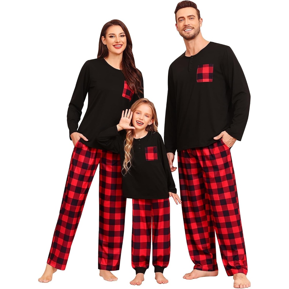 image:imageSWOMOG Family Christmas Matching Pajamas Set WomenMen Modal Pajama 2 PCS Long Sleeve Sleepwear Sets with Pockets Kids Red Black Plaid 140 CM
