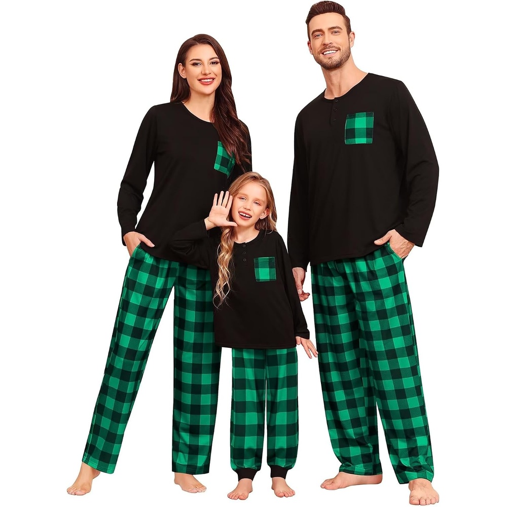 image:imageSWOMOG Family Christmas Matching Pajamas Set WomenMenKids Modal Pajama 2 PCS Long Sleeve Sleepwear Sets with Pockets Kids Green Black Plaid 120 CM