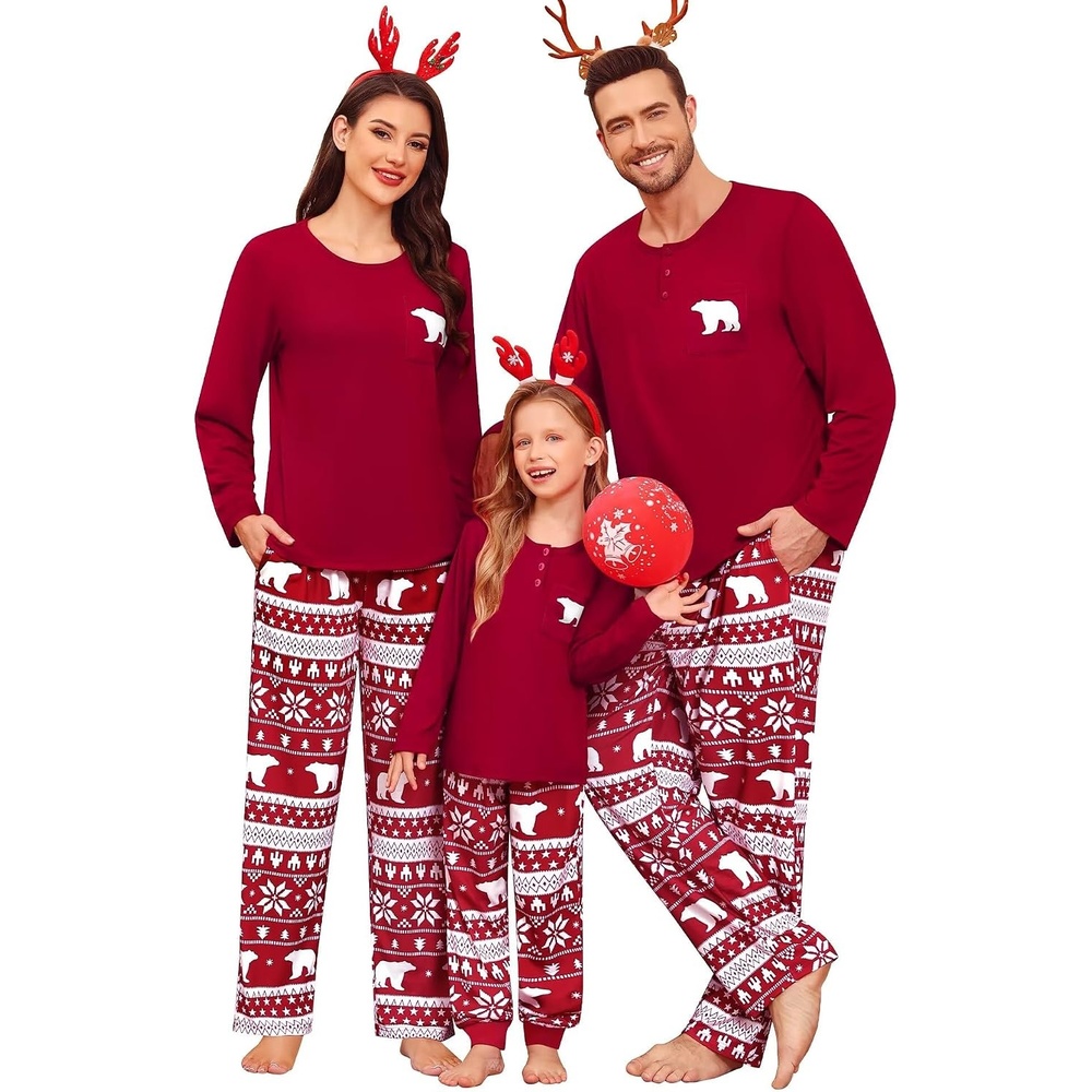 image:imageSWOMOG Family Christmas Matching Pajamas Set WomenMenKids Modal Pajama 2 PCS Long Sleeve Sleepwear Sets with Pockets Kids Red Bear 120 CM