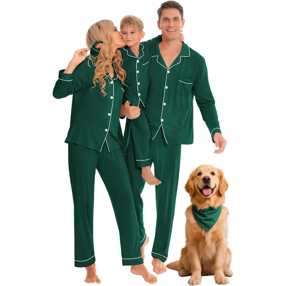 image:imageSWOMOG Family Christmas Pajamas Set Long Sleeve Sleepwear Sets Button Down Loungewear Set Party Holiday Pjs SetsChristmas Green