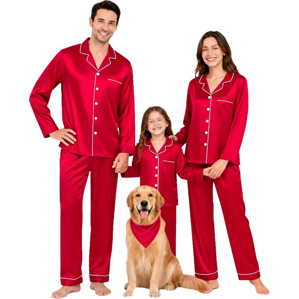 image:imageSWOMOG Family Matching Pajamas Set 2Piece Silk Satin Sleepwear LoungewearRed